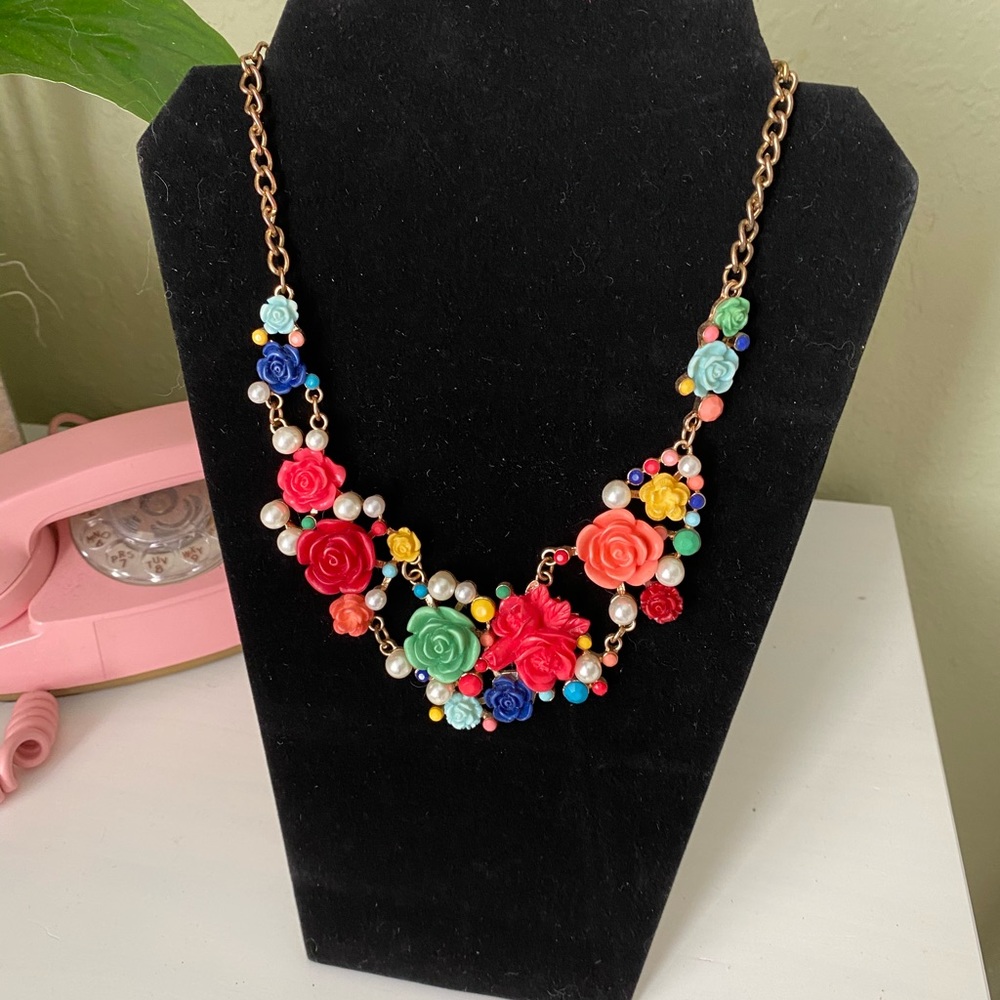 Brightly colored floral necklace.